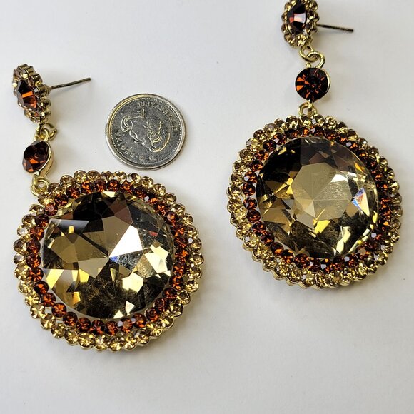 Vintage Inspired Round Cut Champagne and Amber Glass Stone Drop Earrings - Picture 5 of 11
